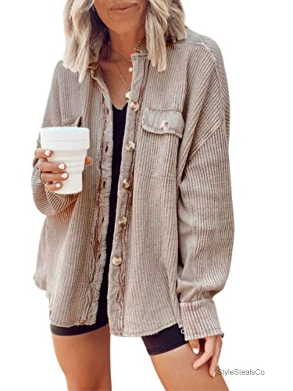 Waffle Knit Button Down Shacket Batwing Sleeve Loose Fit Oversized